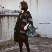 馬海毛針織開衫中長款毛衣超長女秋季寬松條紋拼色外套大衣