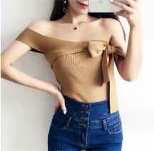 夏季新品純色性感斜肩露肩蝴蝶結(jié)修身針織上衣